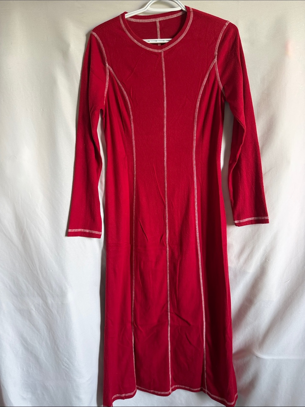 Long Sleeve Red Seam-Accent Maxi Dress